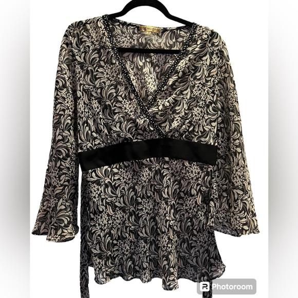 Notations Sheer Floral Print Blouse w/tie back - Picture 1 of 5